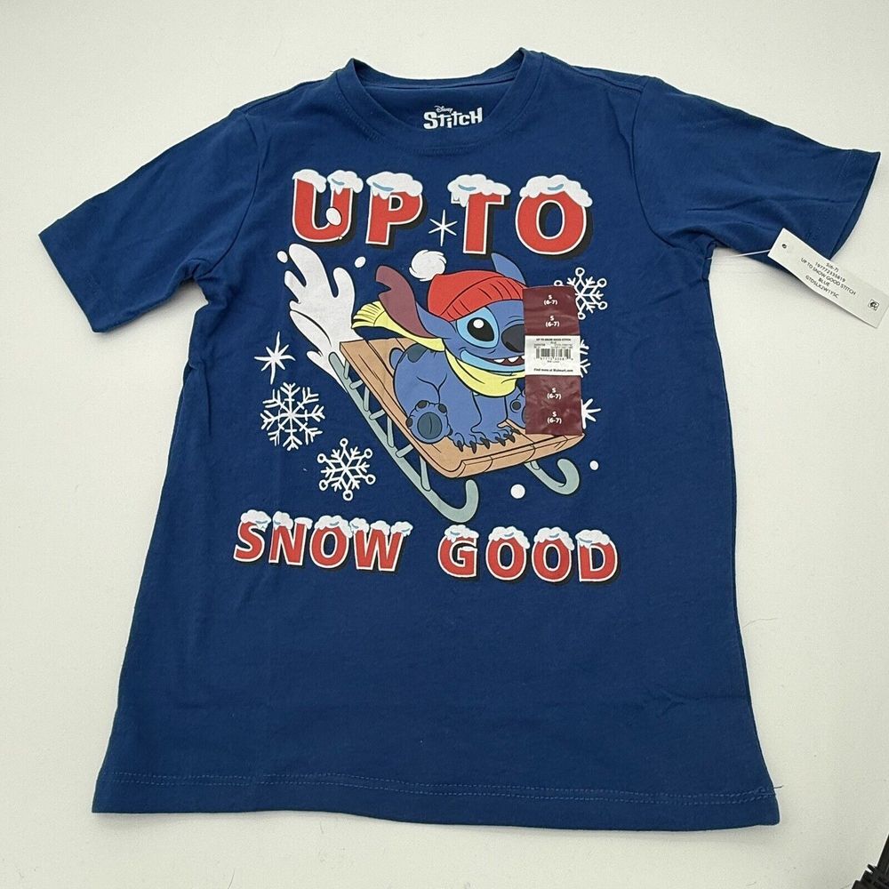 Disney Stitch "Up To Snow Good" T-shirt Boys Size S (6-7) Graphic Crew Neck‎ NWT